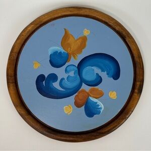 VTG Hand Painted Acacia Wood Trivet Round‎ Decor Norwegian Scandinavian Style